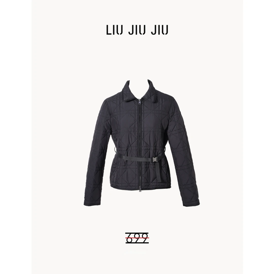 LIUJIUJIU 老钱通勤腰扣压格菱格加棉秋冬加厚中长款棉服MF4955L