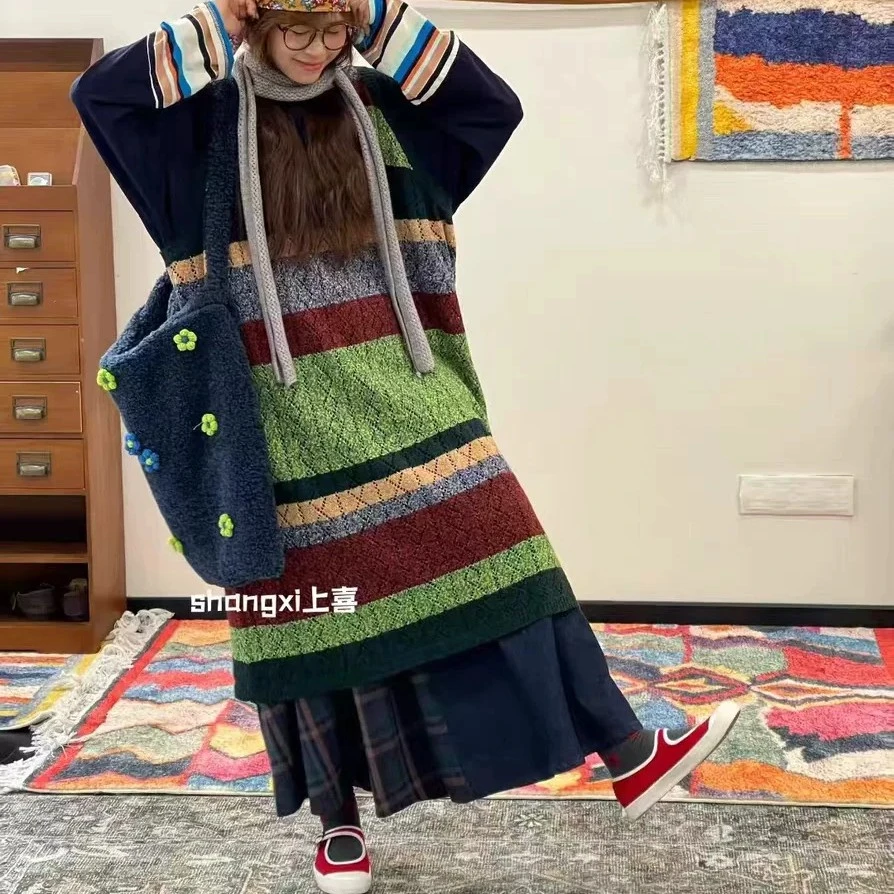 秋冬众宽松条纹无袖针织彩条撞色毛衣背心裙