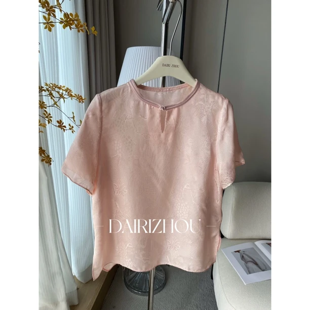 DAIRI  ZHOU▪️清楚得记录   100桑蚕丝粉色暗纹提花新中式上衣女