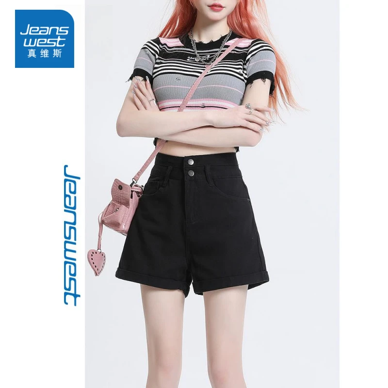 真维斯黑色高腰翻边牛仔短裤女2025夏季薄款宽松辣妹a字阔腿热裤