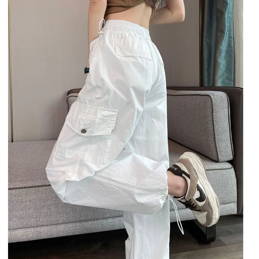 2025新款白色速干工装裤女夏小个子薄款高腰宽松束脚裤休闲运动裤