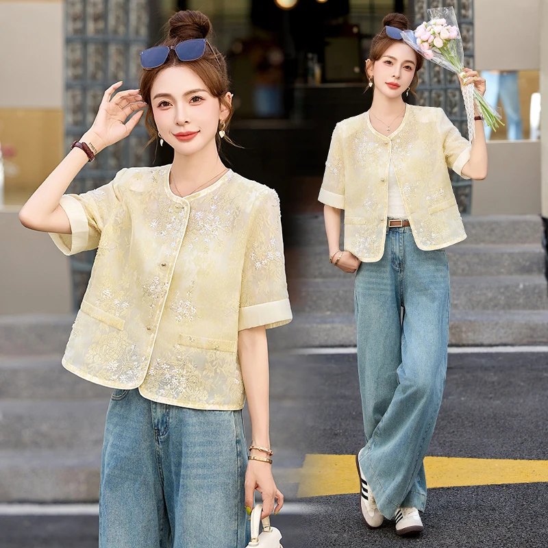 韩国气质小香风开衫2025春夏新品 重工钉珠亮片刺绣短袖外套女潮