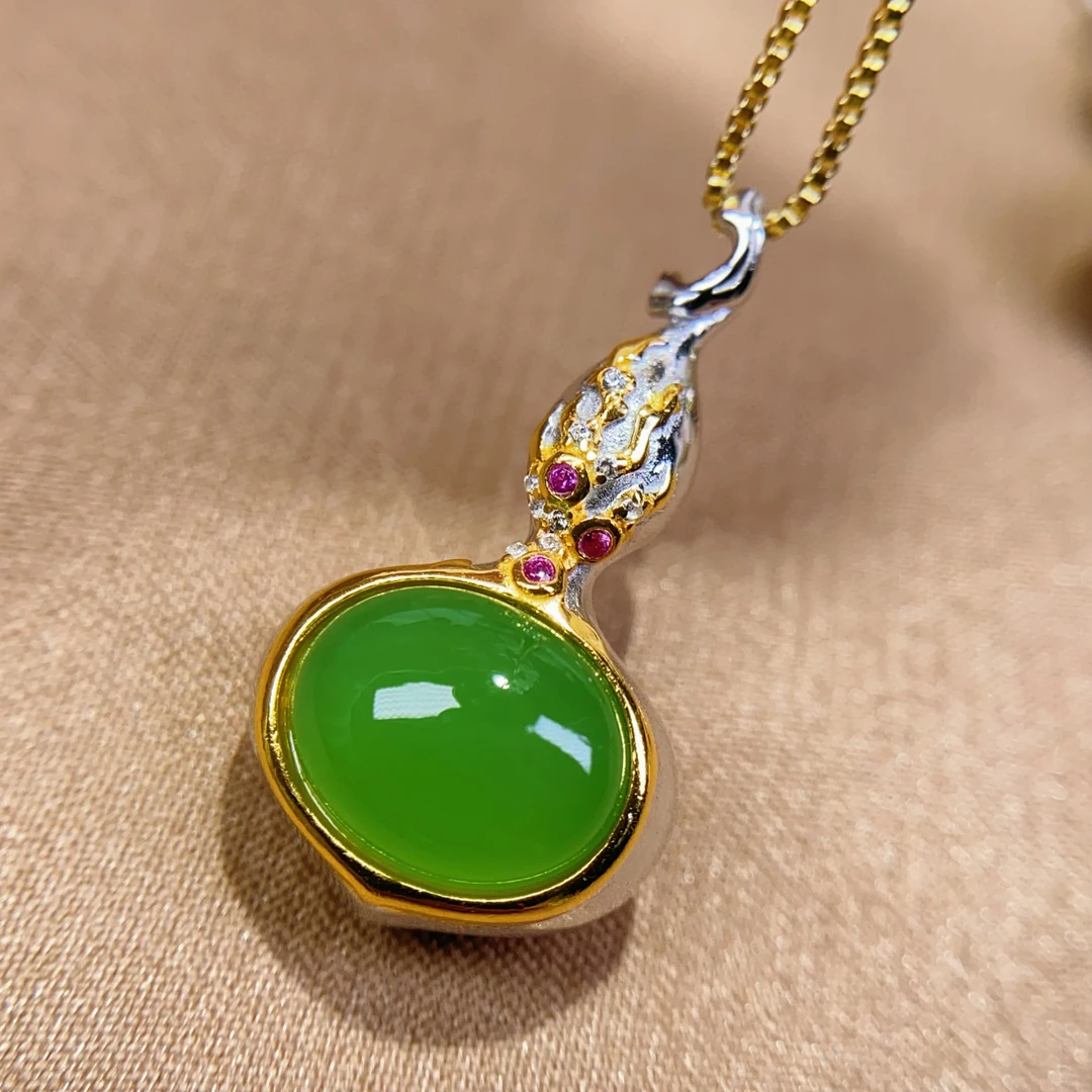 天然和田玉俄料碧玉阳绿925银精工镶嵌立体葫芦福禄吊坠挂件@0064