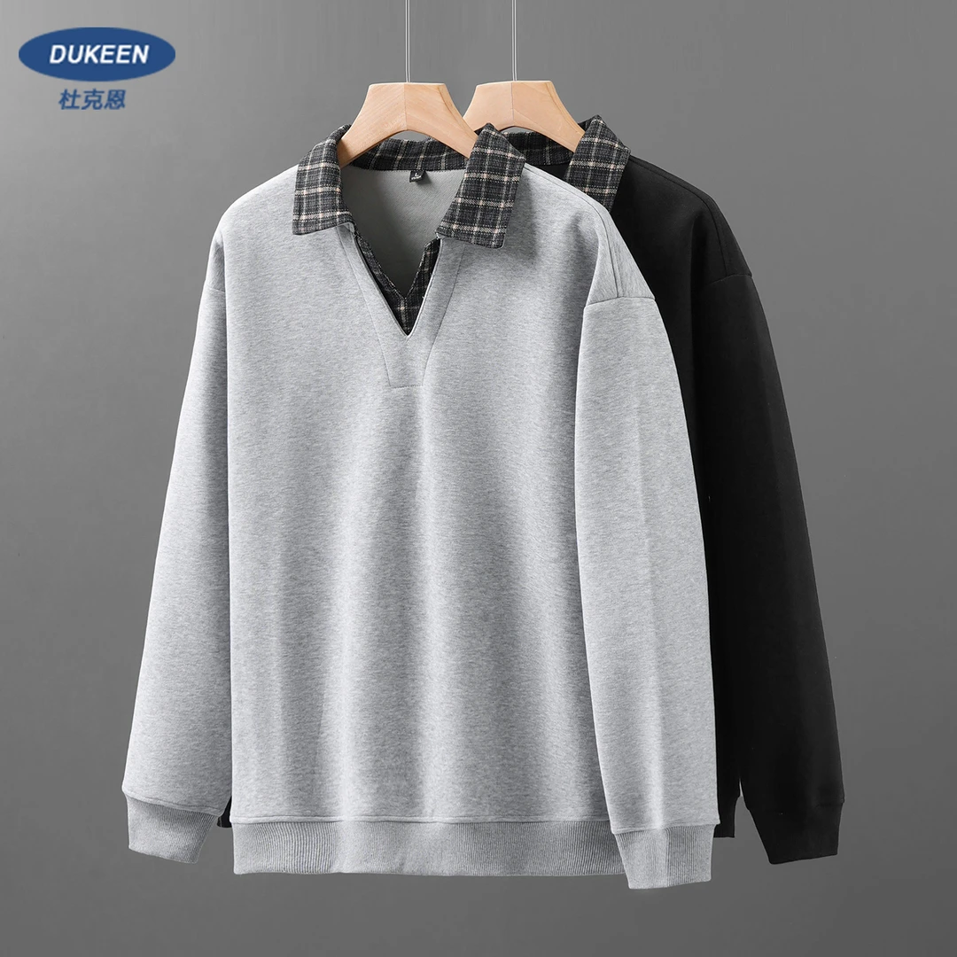 杜克恩美式420G重磅假两件卫衣男秋冬格纹V领打底衫长袖套头外套