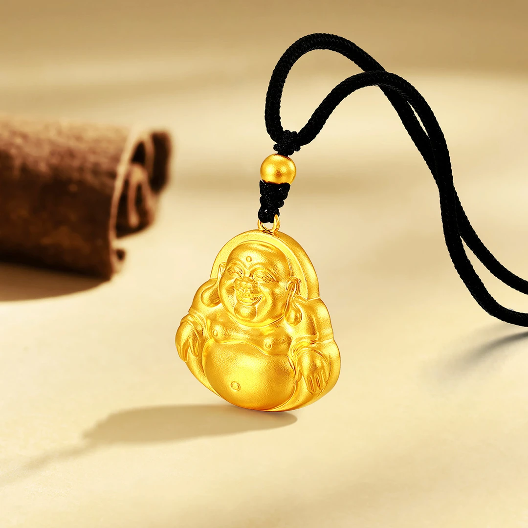 梦金园足金简约经典古法百搭福泰安康双面做工男女通用弥勒佛吊坠