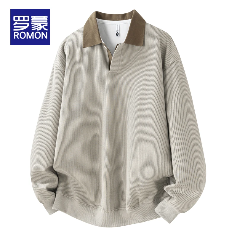 罗蒙春秋季重磅男士潮流v领体恤休闲男装青少年宽松翻领卫衣男款
