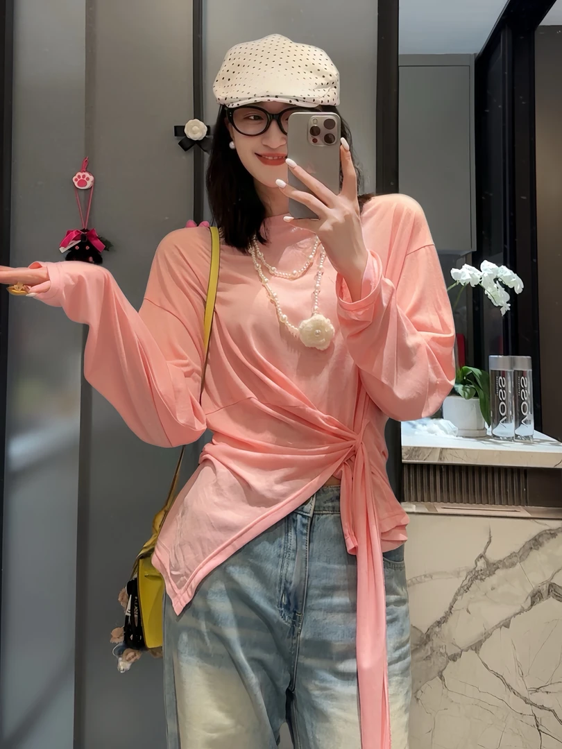 【休闲假日T恤】春夏薄款宽松时尚绑带慵懒T恤百搭上衣