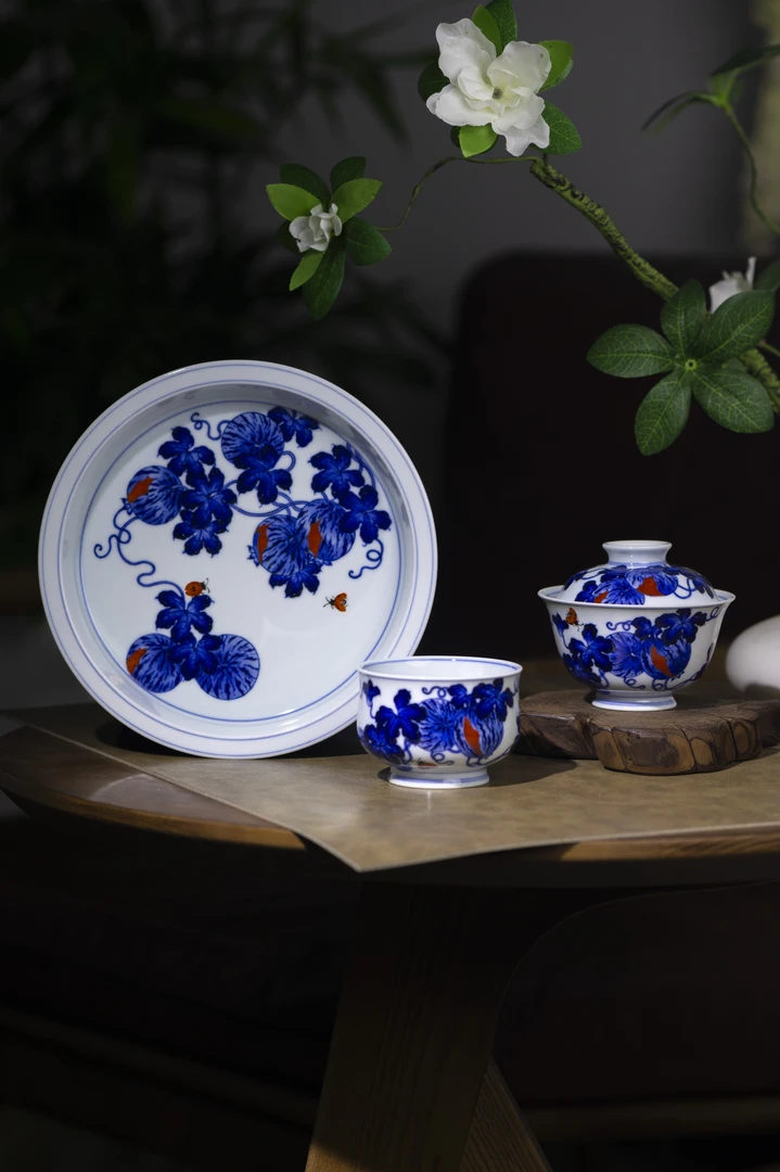 【小卿亭】富甲天下系列青花瓷老矾红加彩陶瓷茶具中式高端审美盖碗