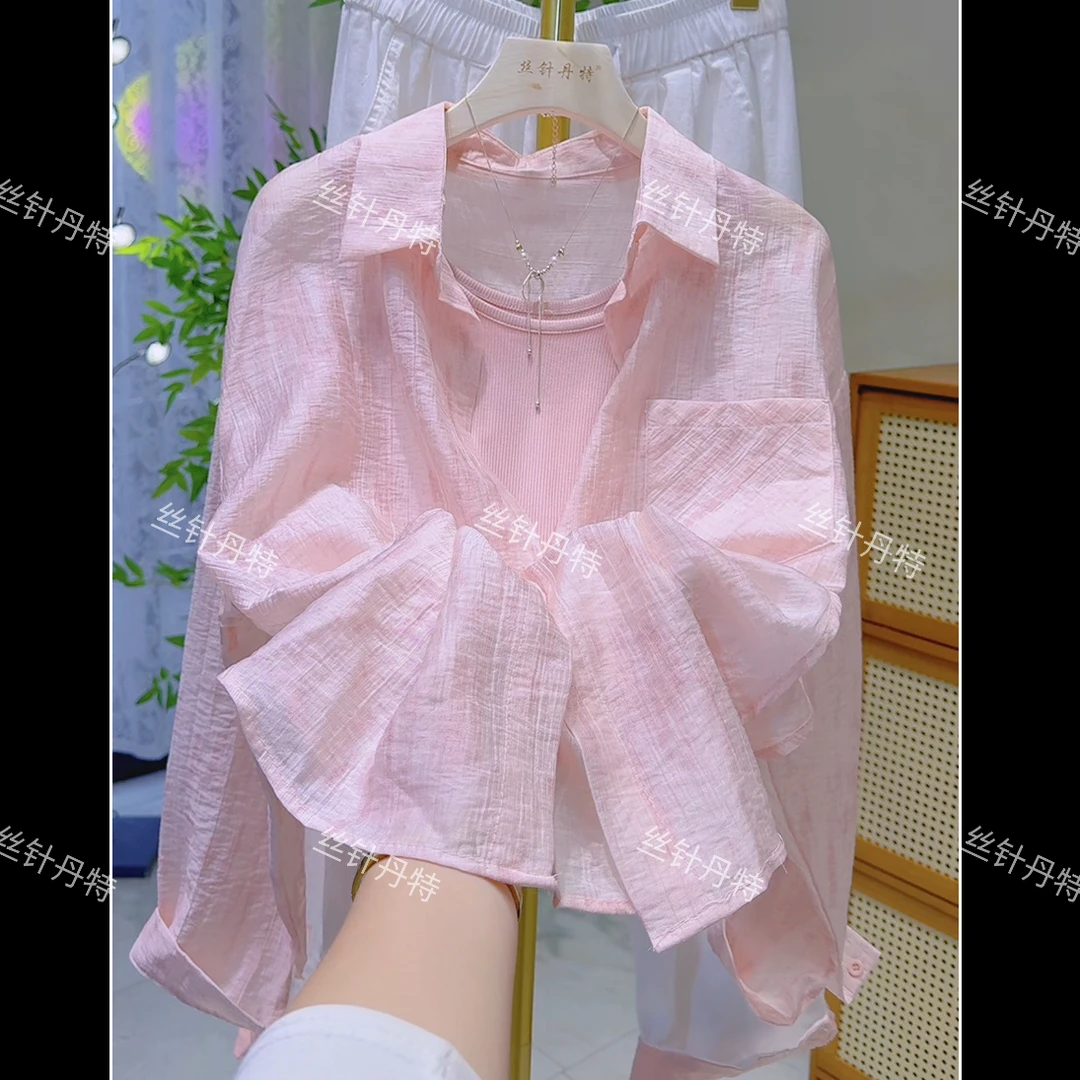 6803轻薄透气水墨扎染防晒衬衫上衣女夏季新款POLO领微透衬衫外套