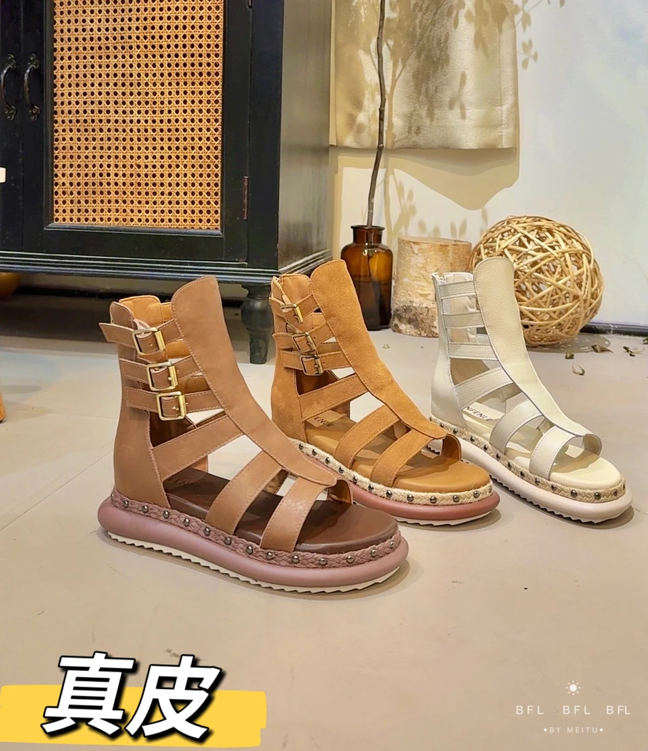 唐乐乐｜25new春夏系列百搭罗马草编坡跟厚底铆钉真皮凉鞋 6008