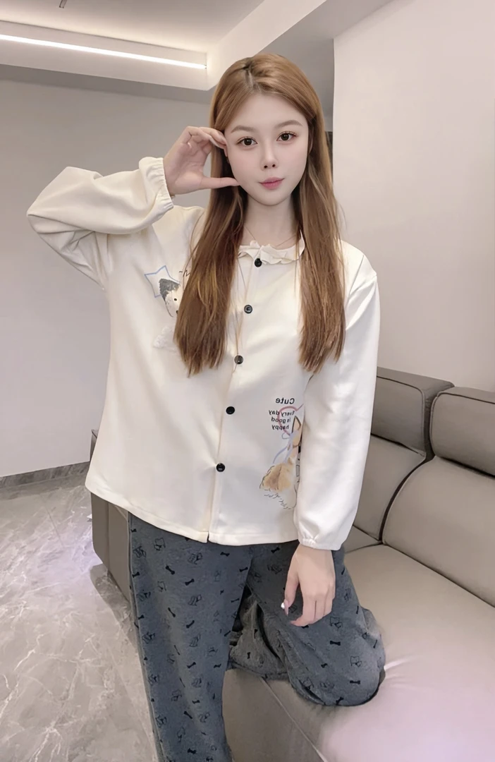 新款冬季羊绒小狗长袖加厚加绒睡衣女甜美可爱家居服外出宽松休闲