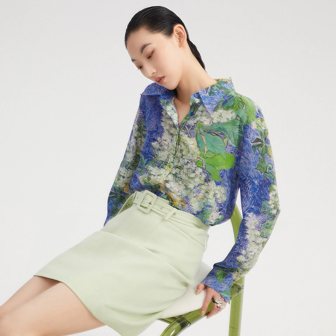 SEJIE色孑 落色闺园花卉印花长袖衬衫宽松油画设计减龄感衬衣