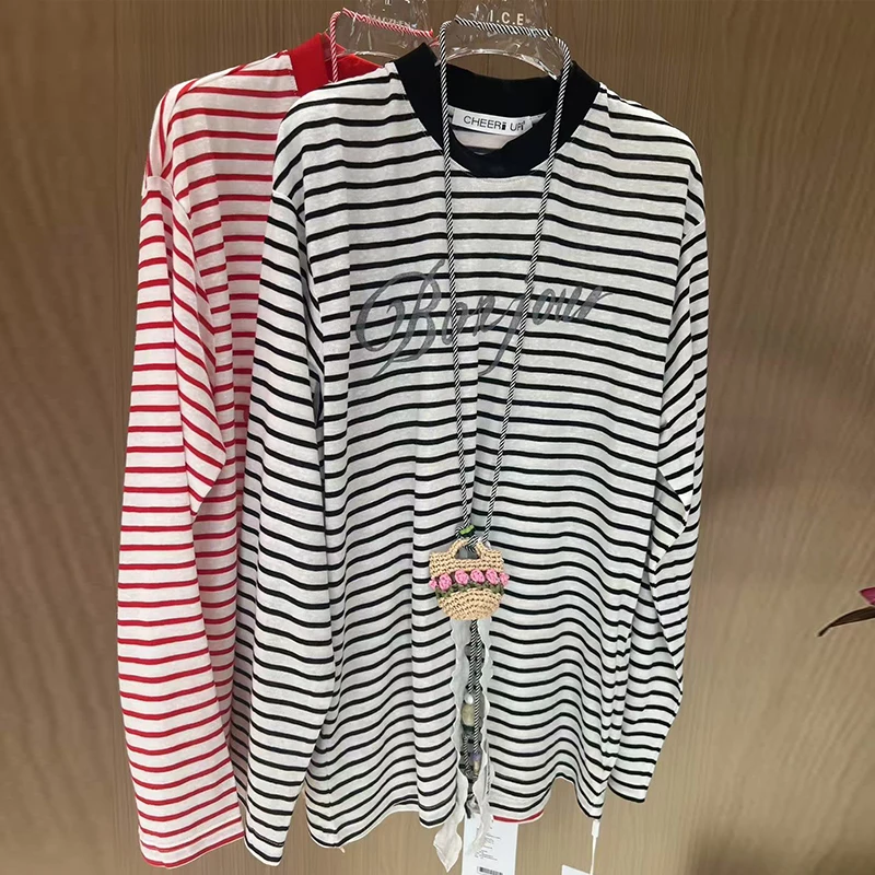 CHEERUPUNIFORM25春季显瘦法语拉菲草包包条纹长袖T恤百搭打底衫