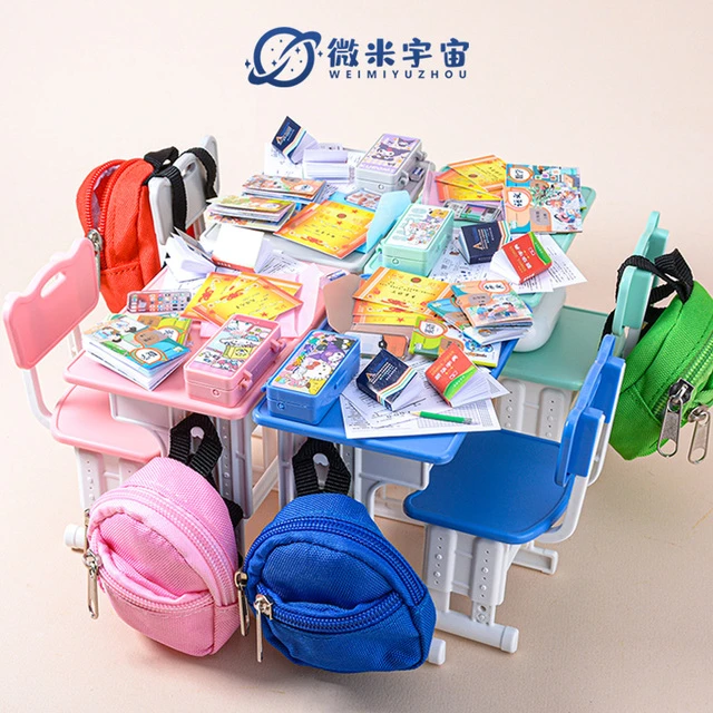 微缩迷你课桌椅仿真小书包文具套装铅笔盒课本书本模型过家家玩具