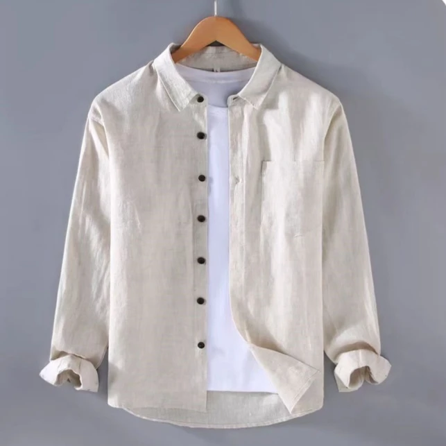 夏季防晒休闲男式纯亚麻白衬衣翻领薄款麻料长袖衬衫宽松简约上衣