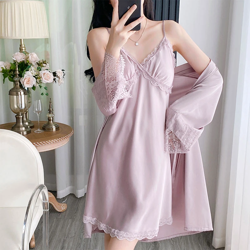 甜美性感吊带睡裙女带胸垫夏季深V纯欲立体蕾丝花边睡衣套装大码