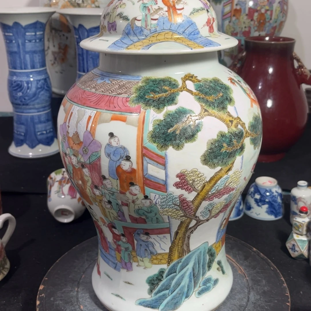 摆件粉彩百子龙灯将军罐一对