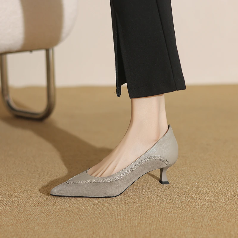 软羊皮/3-5公分  2025春真皮单鞋女灰色尖头小猫跟法式细跟高跟鞋