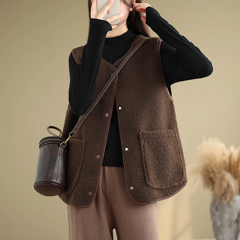 2025秋冬新款高级感马甲女式正反两穿马夹百搭咖啡色无袖坎肩背心