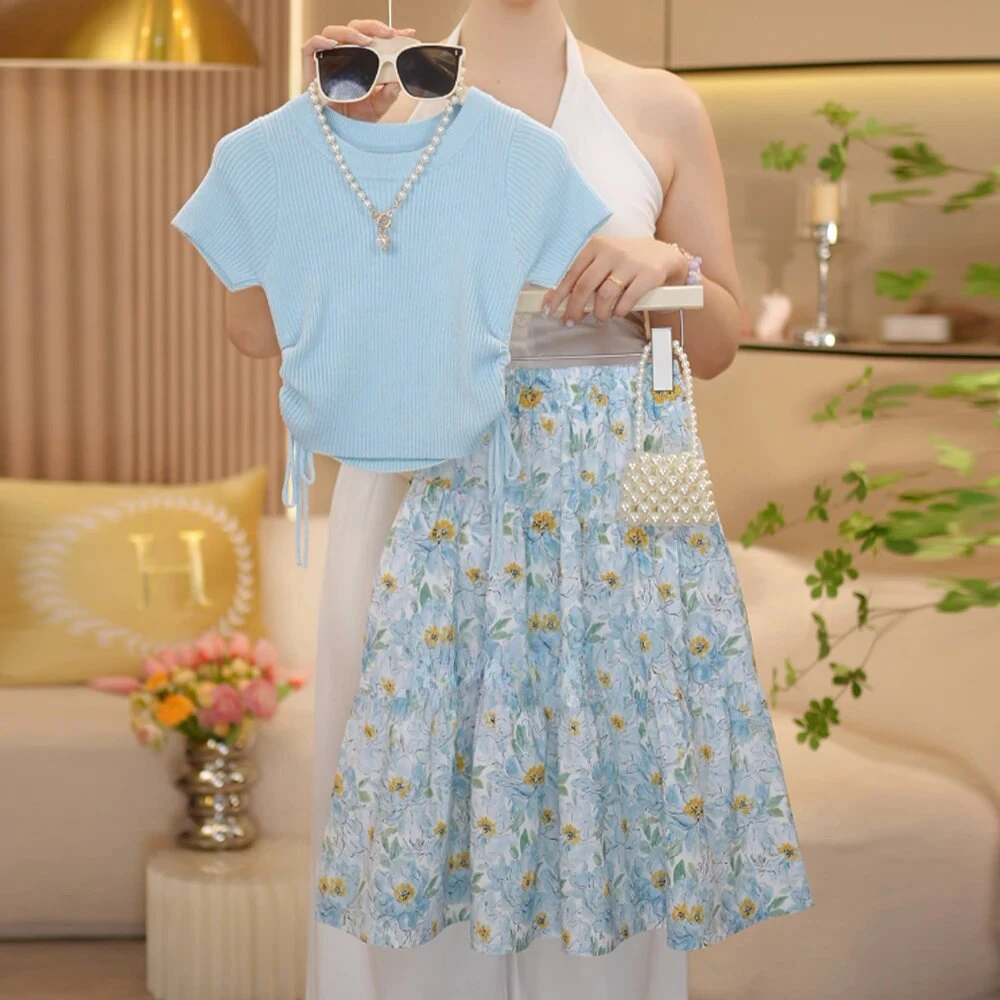 女童夏季半裙套装纯色碎花女童薄款夏季森系套装小清新裙子上衣