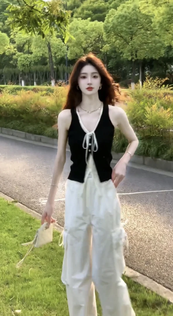 夏季新款洋气衣服女法式轻奢高级感假两件上衣气质百搭工装裤套装