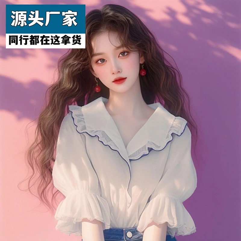 梵乐芬2025年夏季新款女装韩系时尚包边设计雪纺衬衫独特别致泡泡