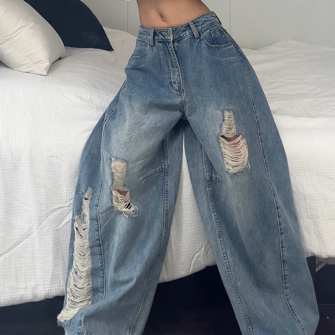 【Ann】“黑皮腰精”高街酷妹运动系蓝调破洞牛仔裤