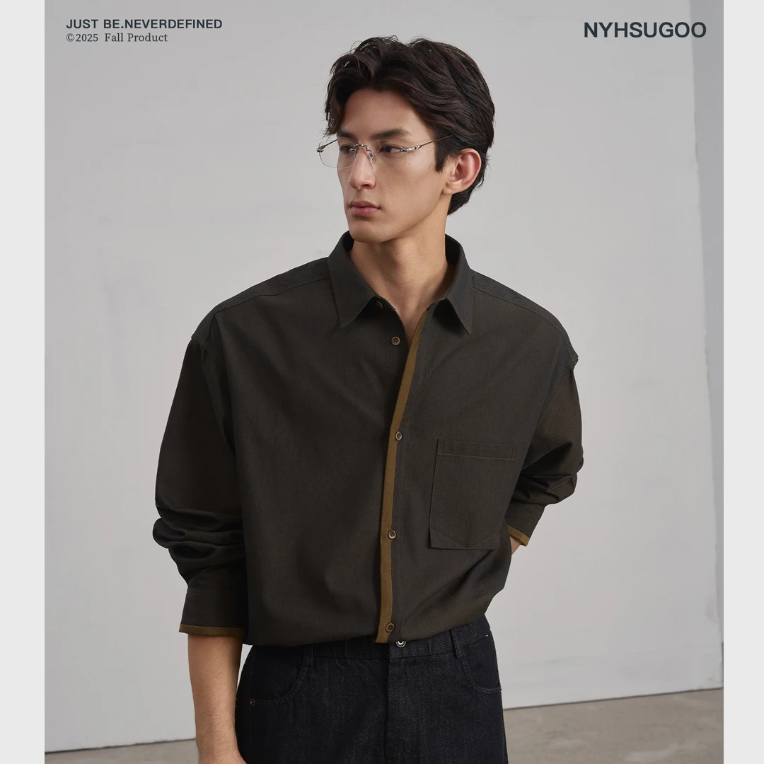 NYHSUGOO/南乙秋季定制双色纱长袖衬衫男士棉感3822茶棕色
