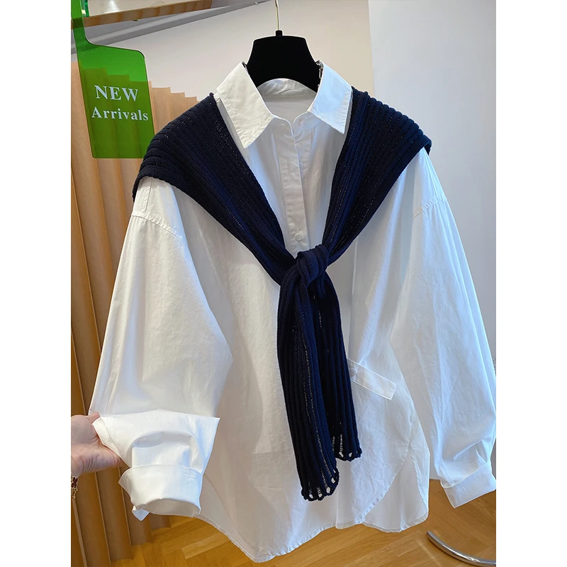 大码简约大方时尚高级氛围感白色披肩衬衫韩版宽松气质大版松弛感