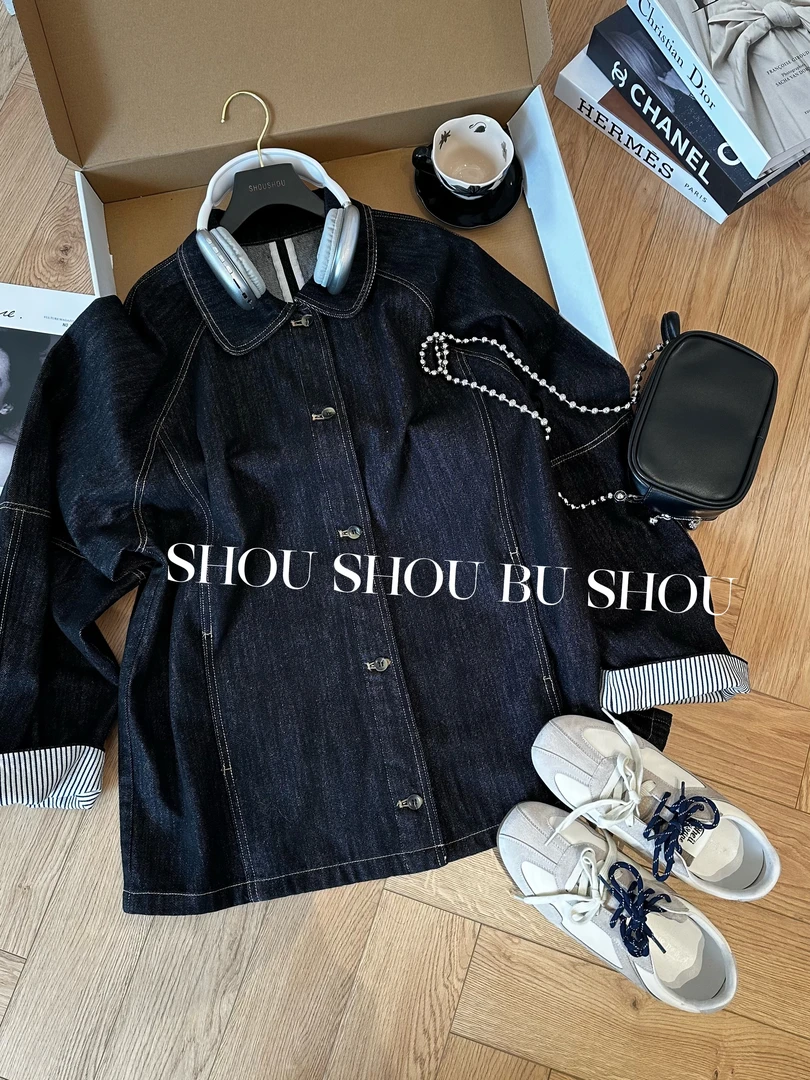 【瘦瘦】牛仔计划-春秋单色翻领拼接简约插肩百搭牛仔外套S01347