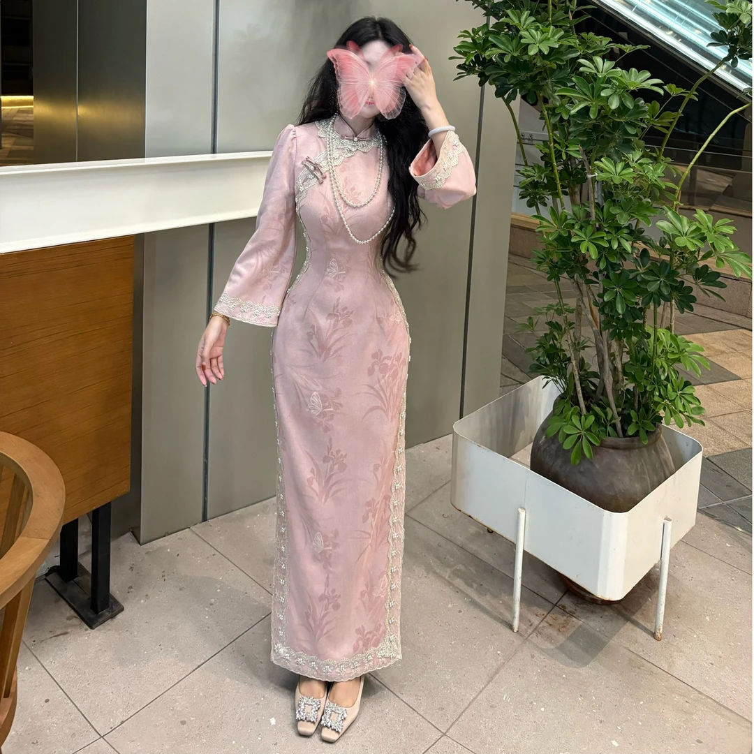 LHMknk1画报夫人原创自制秋冬温柔麂皮高级珠链蕾丝旗袍 粉太太