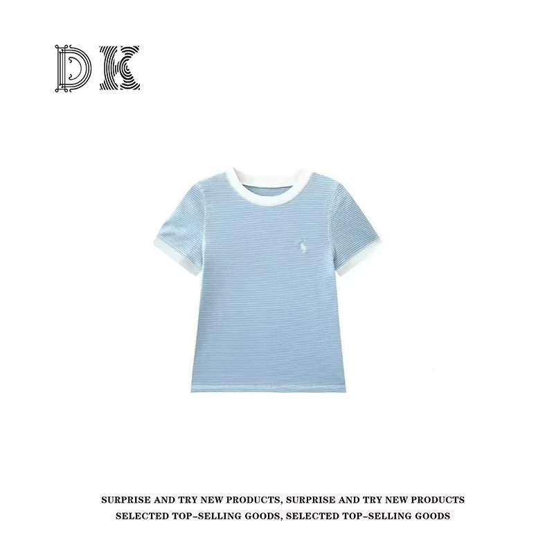 『蓝天白云』春季新款拼接撞色条纹正肩短袖T恤女高级感上衣【DK】