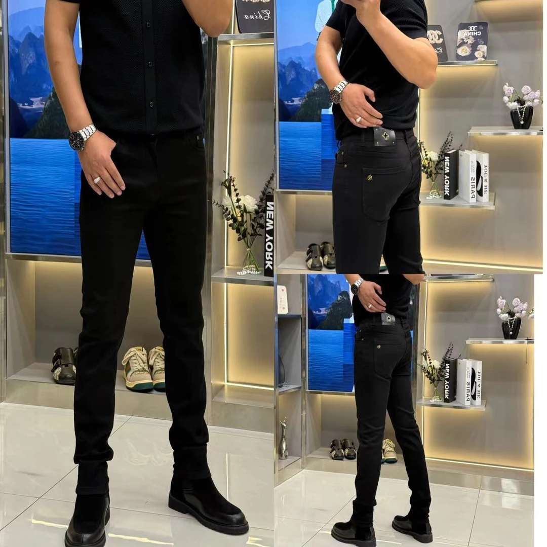 秋冬新款男士修身小脚裤纯黑商务休闲厚款时尚百搭高弹力牛仔裤