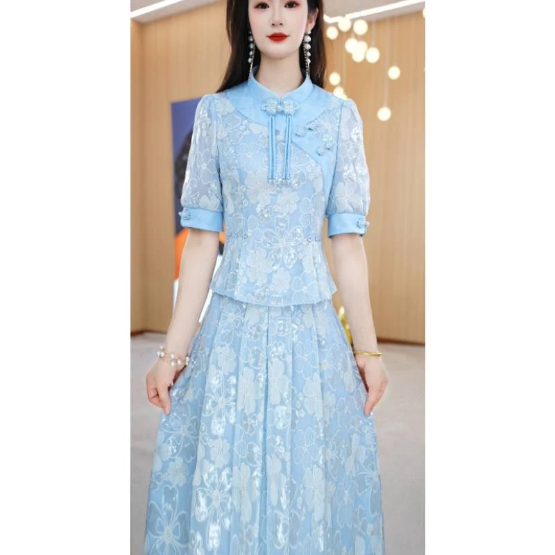 【上下套装】夏季新款设计感立领气质时尚女装两件套套装裙M-4XL