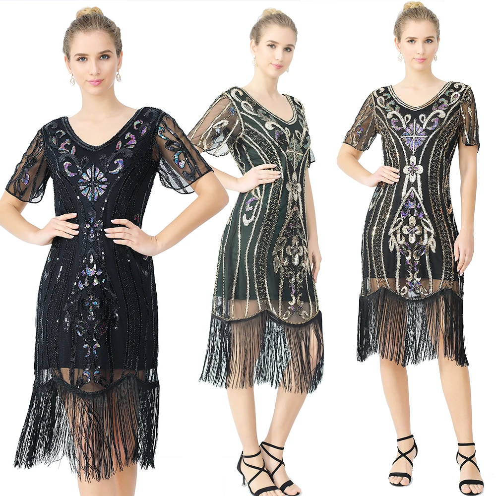 依煌 新款亮片流苏裙 复古聚会宴会舞裙表演服亮片连衣裙舞会礼服