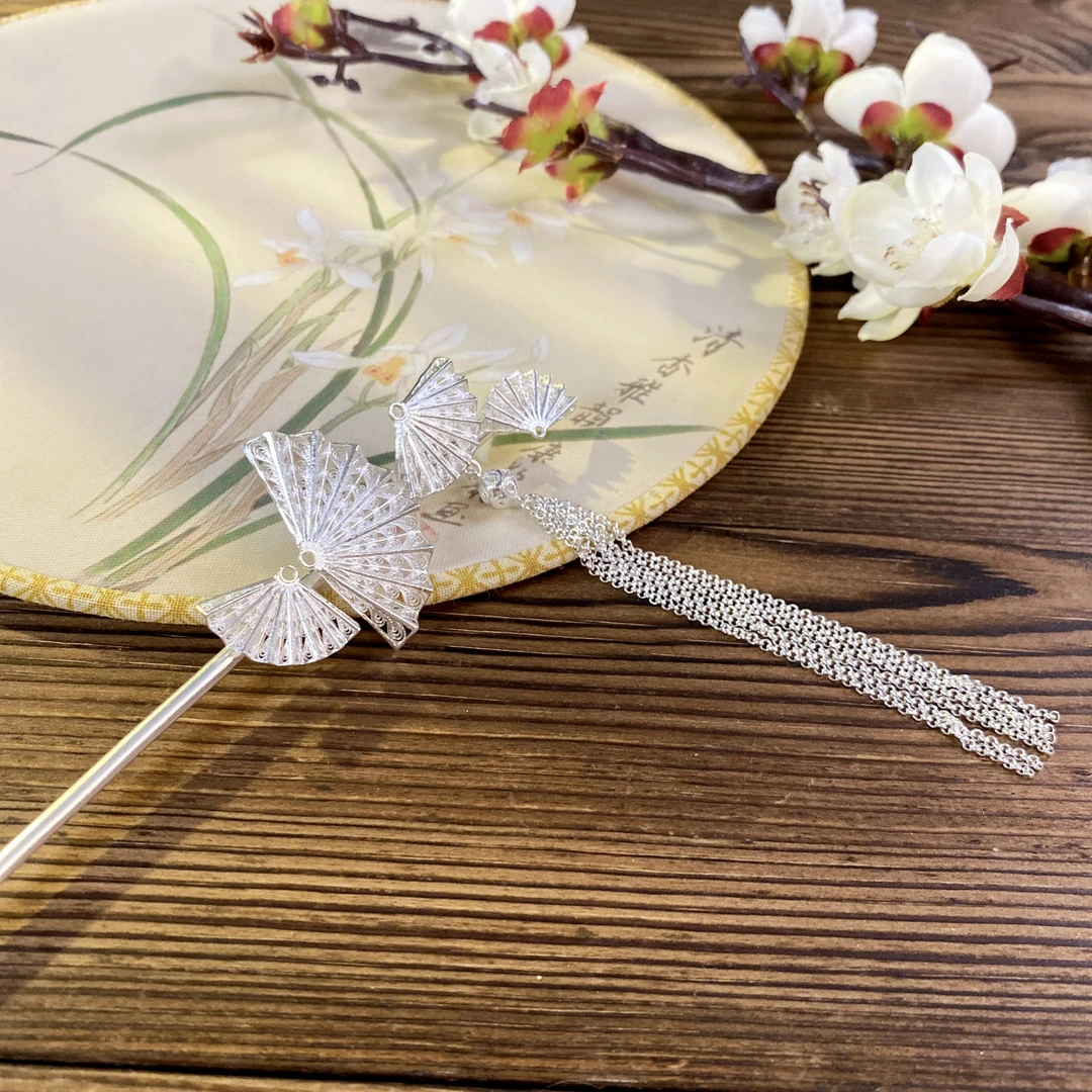 足银银制品 足银 国风扇影发簪 古风簪子