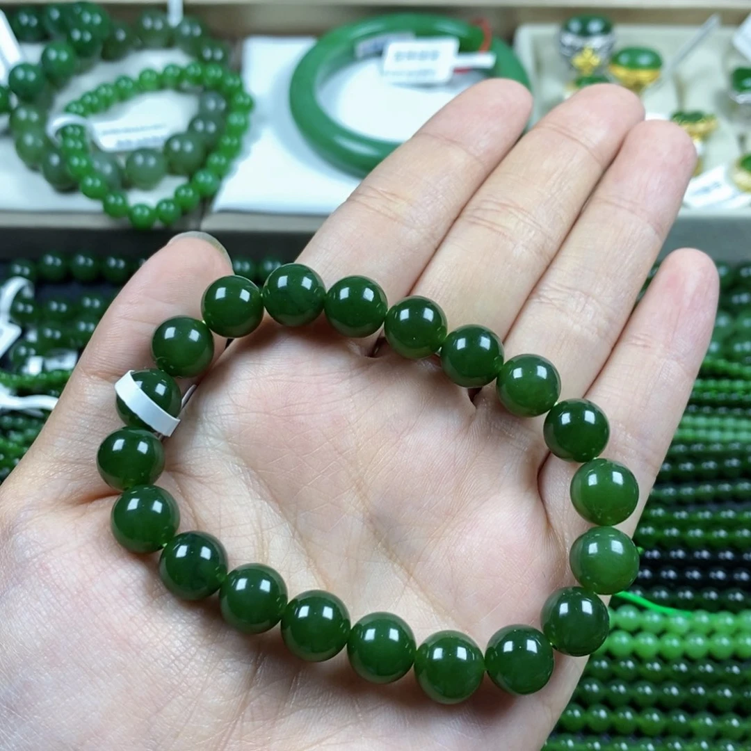 手串未镶嵌和田玉（碧玉）10m冰底菠菜绿无黑点