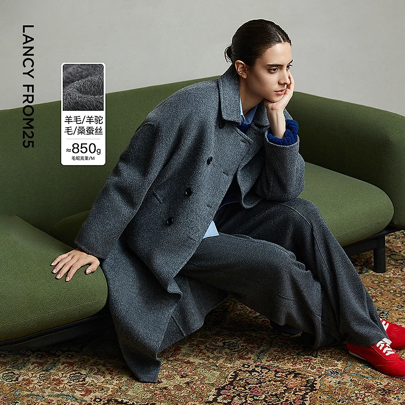 【从绒系列】朗姿时尚毛呢大衣绵羊毛双排扣呢子2025年冬季新款