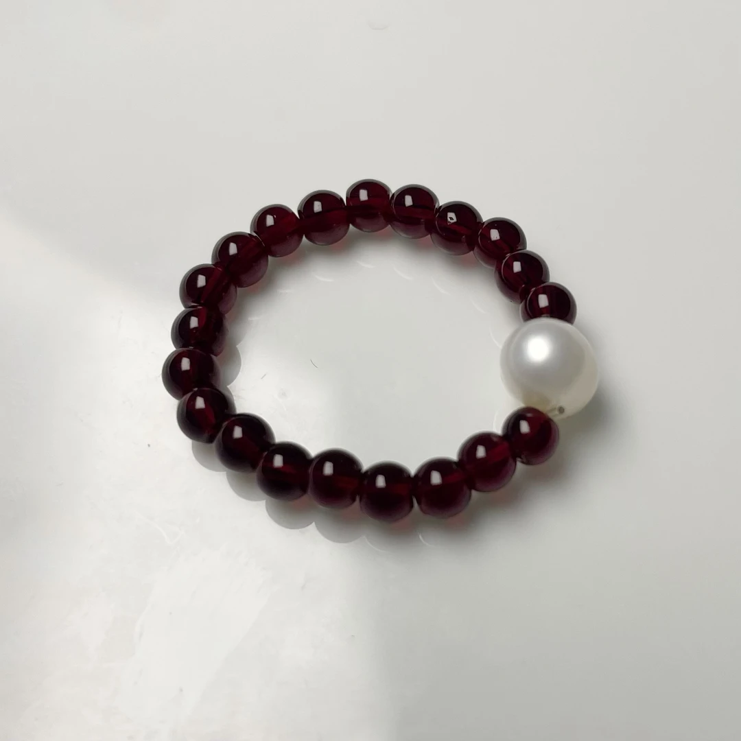 【石榴石单珠戒指】6-7mm淡水无核珍珠