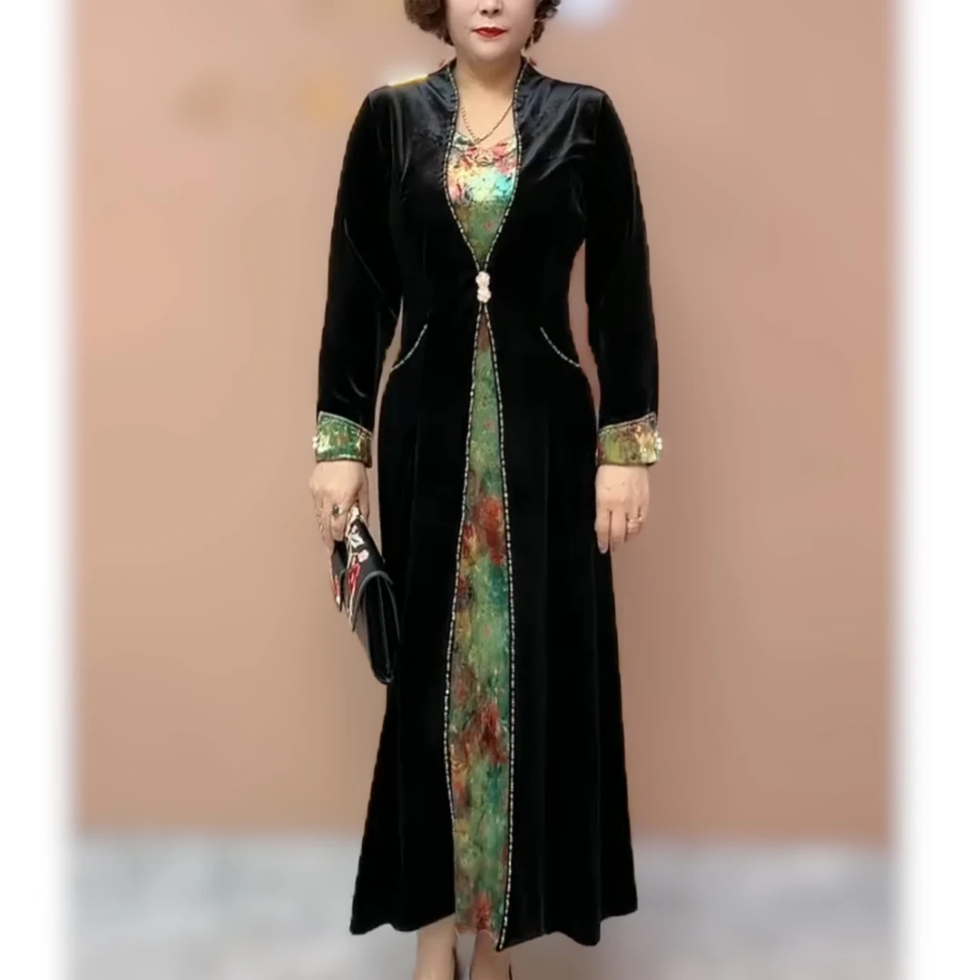 春秋新款中年妈妈洋气收腰显瘦大码修身气质阔太太洋气假两件裙子