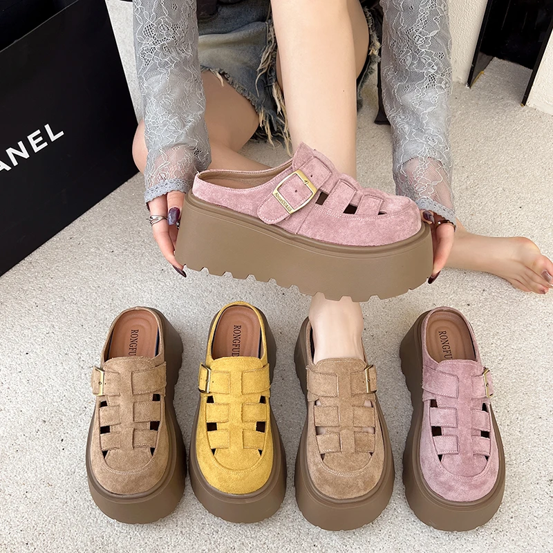 真皮厚底增高半拖鞋女外穿2025今年新款爆百搭春秋勃肯鞋包头凉鞋