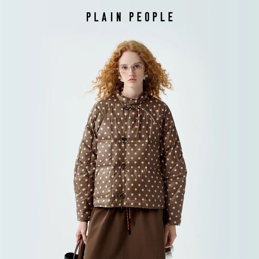 PLAIN PEOPLE复古90%鸭绒新中式波点立领外套女蓝色2025冬新款