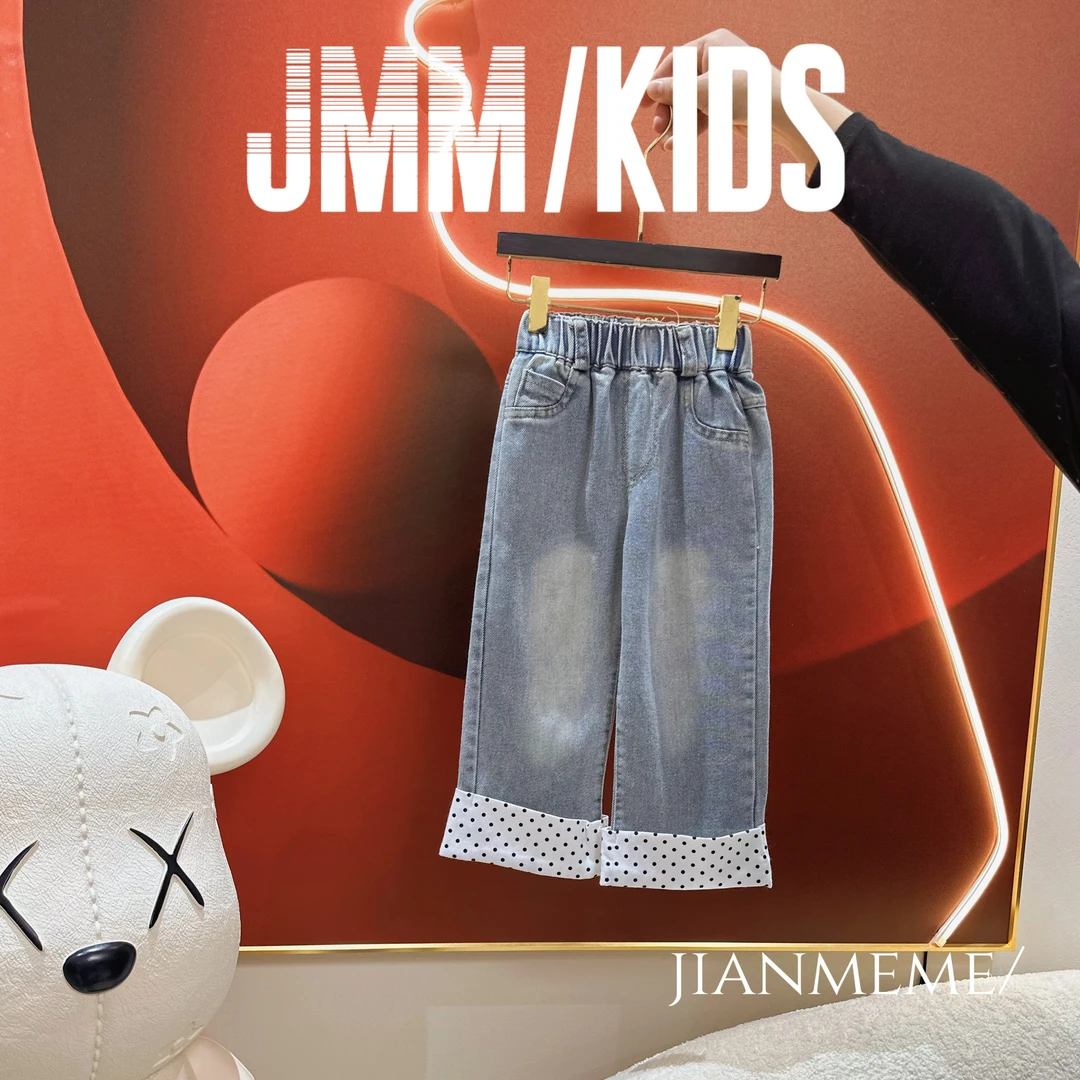 夏单品-牛仔色波点F171 春秋女童男童时尚百搭牛仔裤洋气休闲裤子