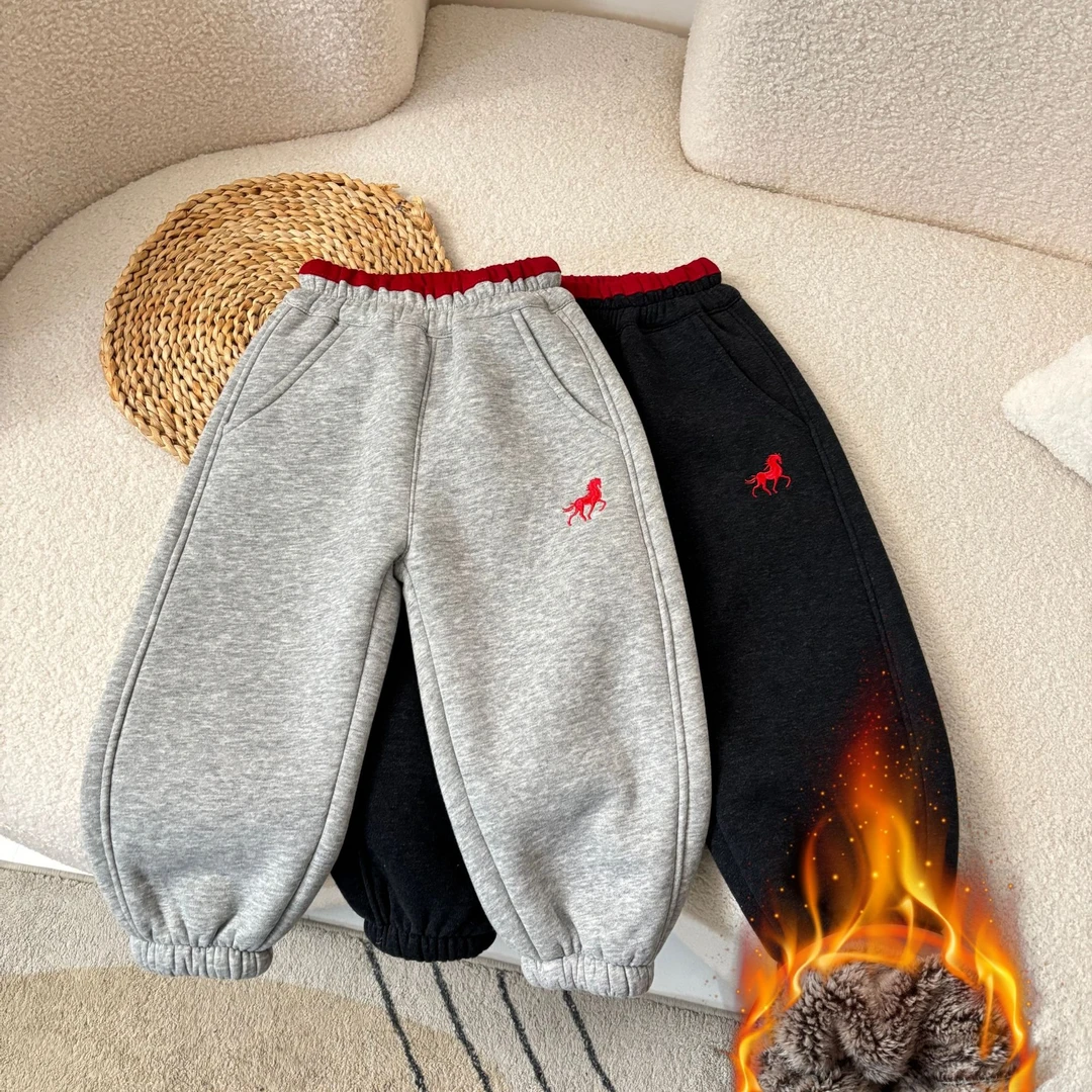 儿童加绒加厚保暖裤2026新款马年刺绣男童冬季一体绒休闲保暖卫裤