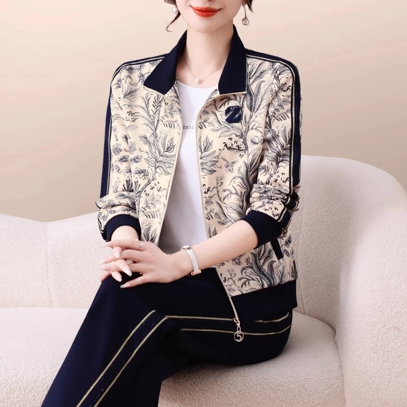 妈妈春装套装2025新款时尚休闲运动服两件套洋气女士春秋花色外套