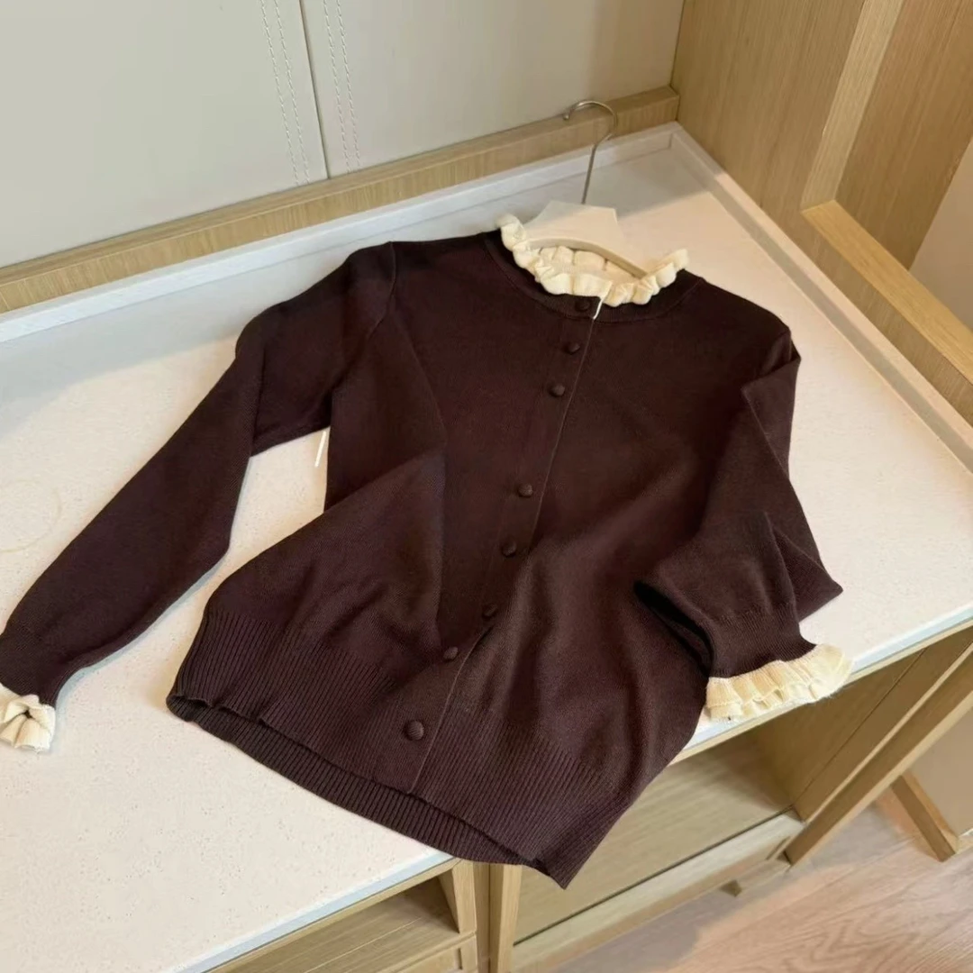 秋季木耳边领口单排扣毛针织长袖上衣女2025新款韩系设计感打底