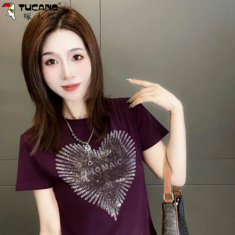 重工烫钻爱心短袖t恤女春夏新款网红时尚气质显瘦圆领纯棉上衣潮