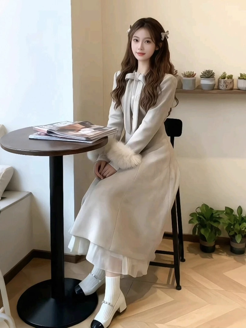 2025秋冬法式千金轻奢蝴蝶结高级感中长款毛呢外套女冬装呢子大衣