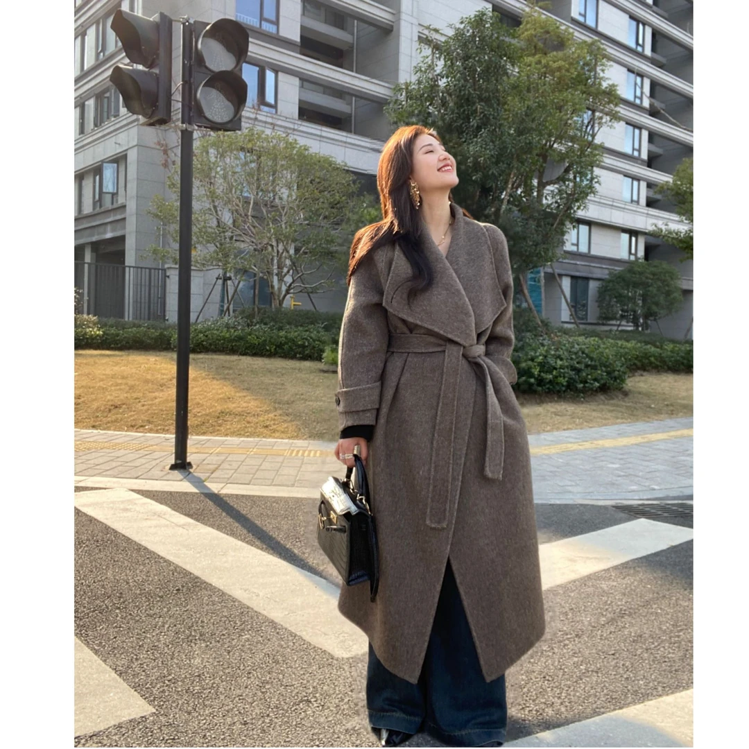 双面呢宽松显瘦气质时尚大翻领秋冬长款大衣双面外套设计师款8672