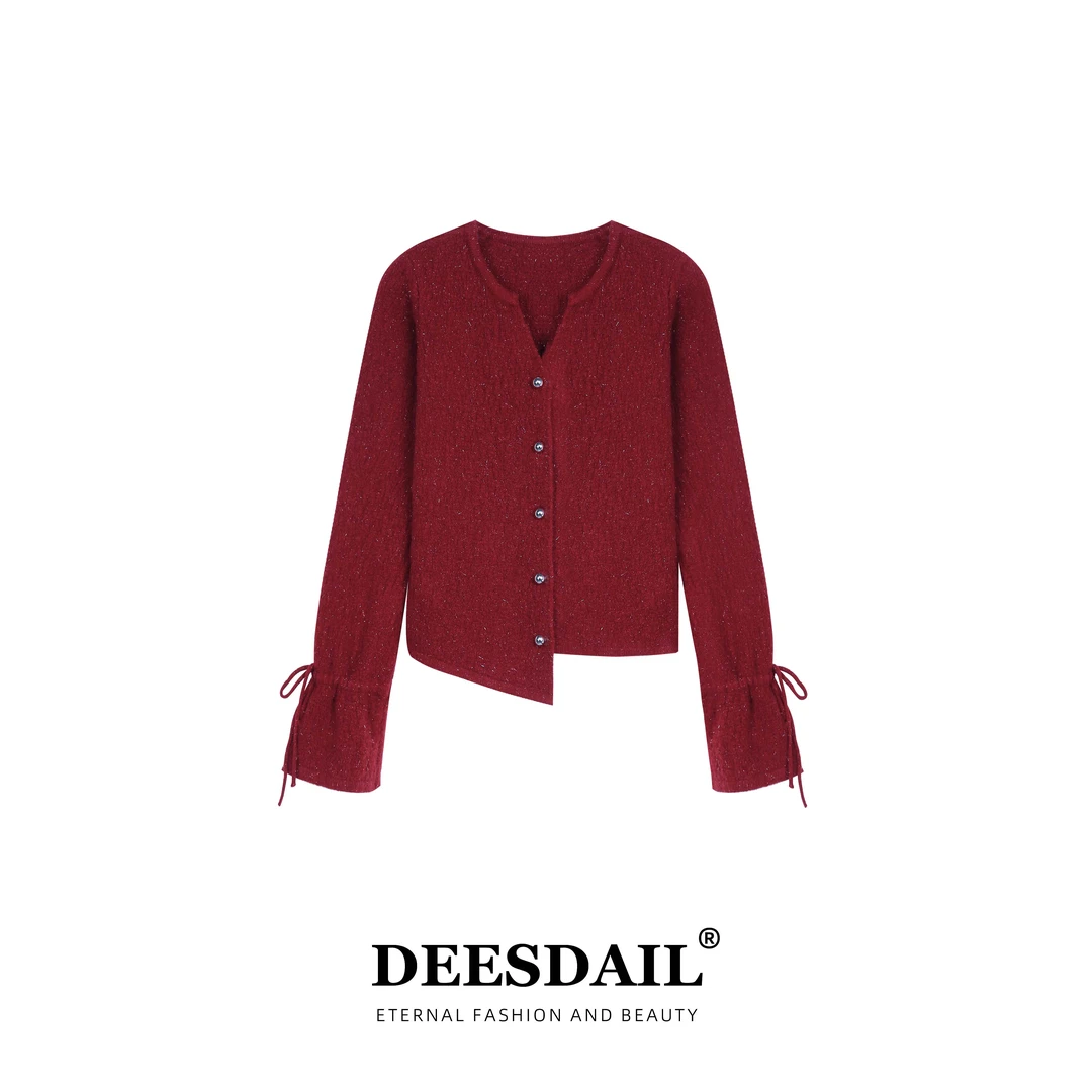 Deesdail冬长袖红色开衫不规则毛衣显瘦百搭知性圆领针织衫女A546